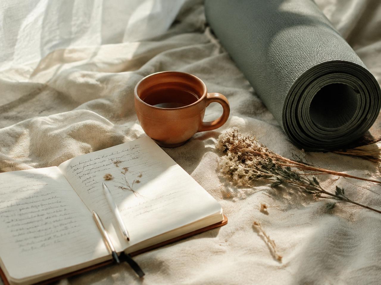 Terracotta mug, open journal and rolled sage yoga mat on linen